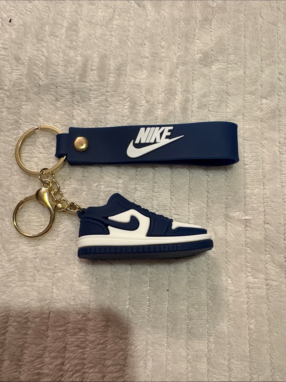 Nike Kids Navy and White Mini Sneaker Keychain with Logo Strap